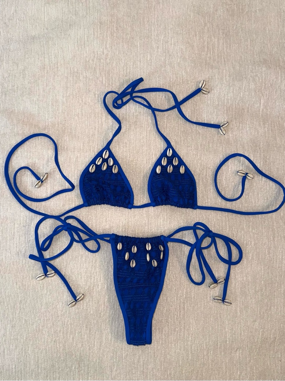 New Andi Bagus Blue Crochet Knit Bikini Set Royal Swimsuit Seashell S/M Small
